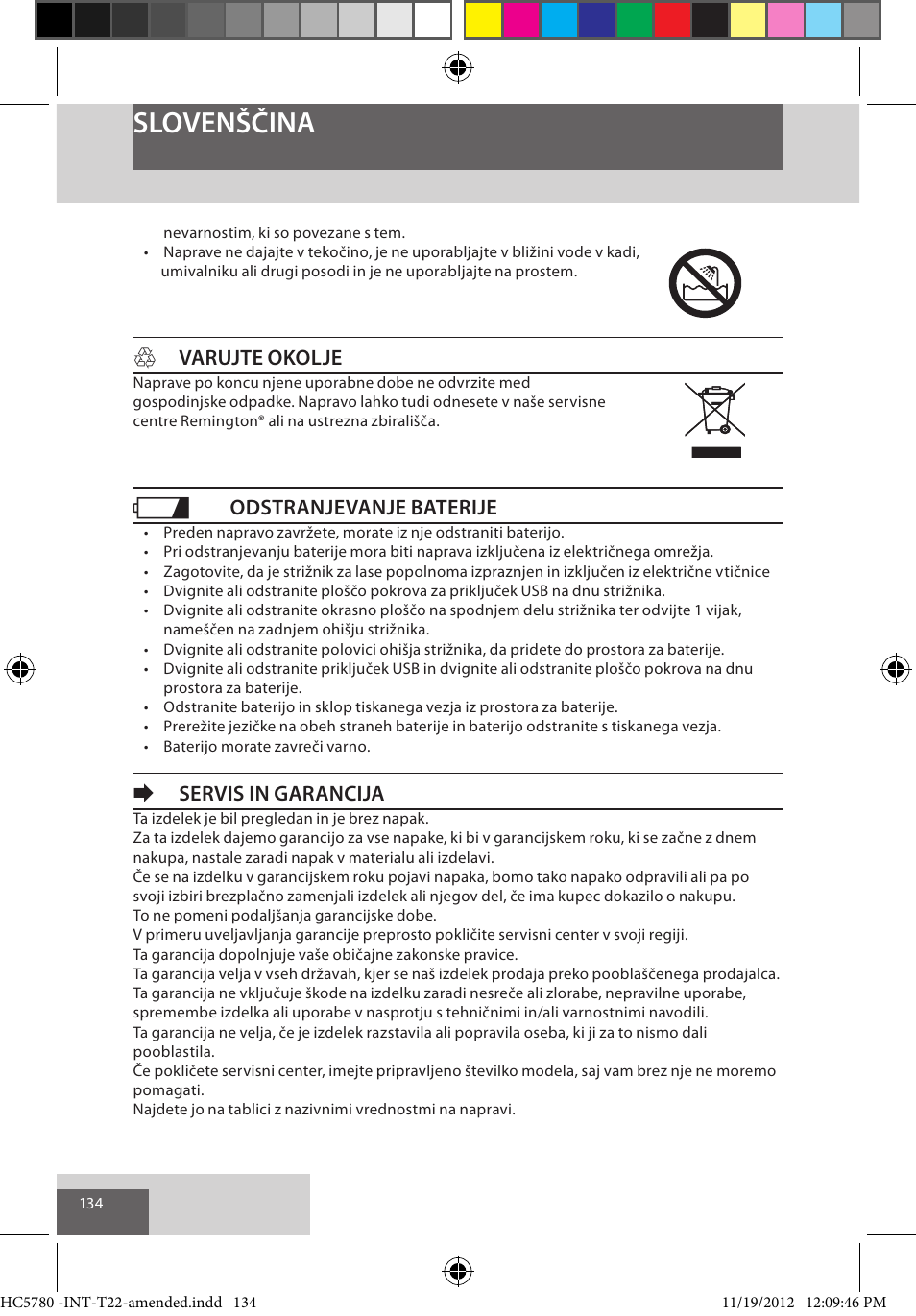 Slovenščina, Hvarujte okolje, Odstranjevanje baterije | Eservis in garancija | Remington HC5780 User Manual | Page 134 / 156