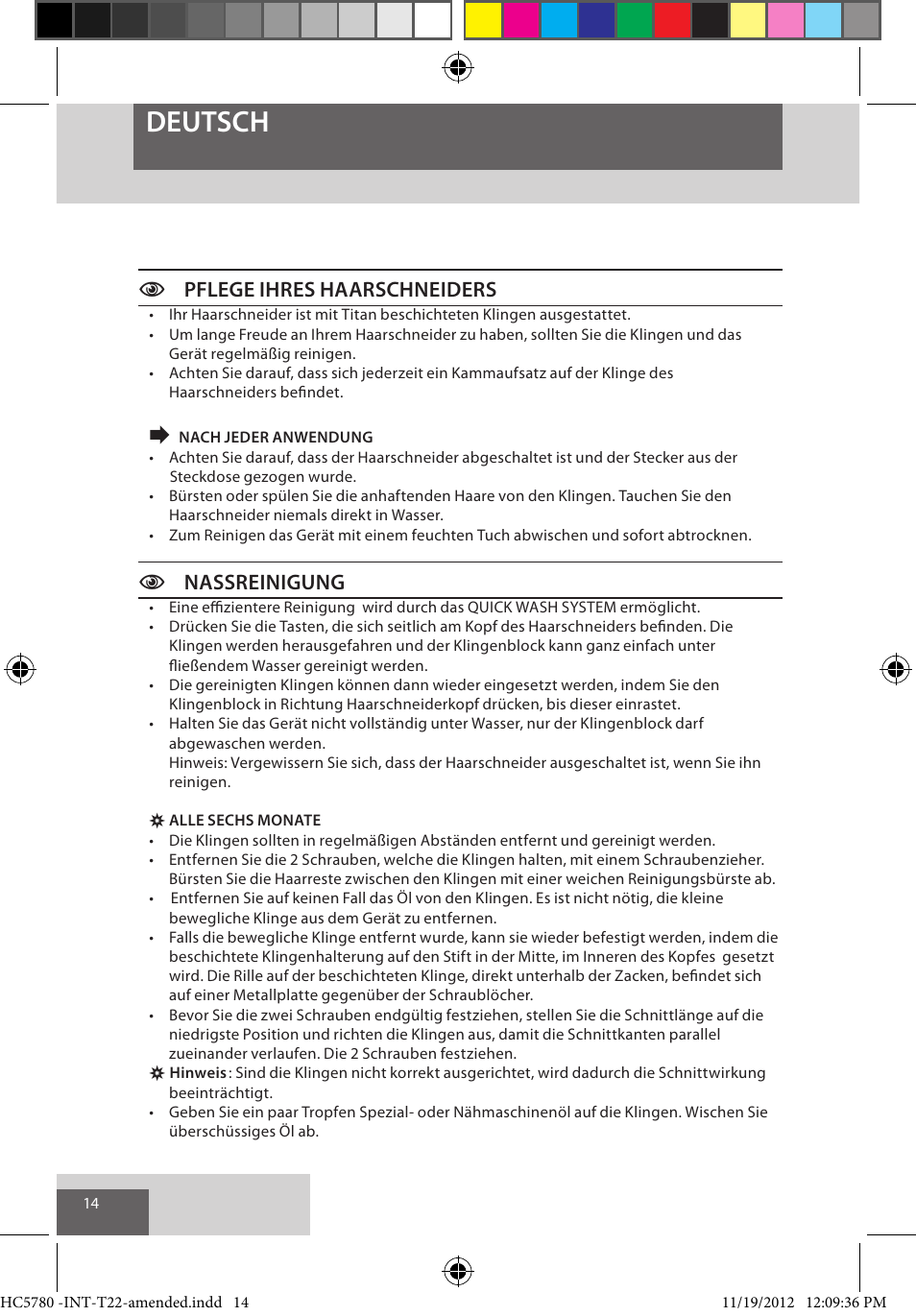 Deutsch, Cpflege ihres haarschneiders, Cnassreinigung | Remington HC5780 User Manual | Page 14 / 156