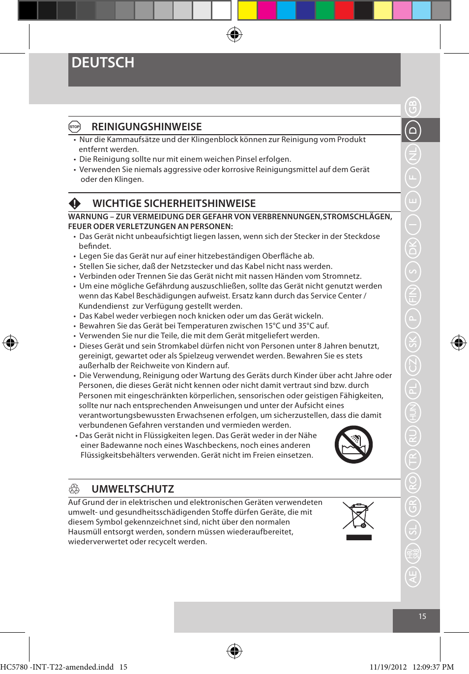 Deutsch, Areinigungshinweise, Fwichtige sicherheitshinweise | Humweltschutz | Remington HC5780 User Manual | Page 15 / 156