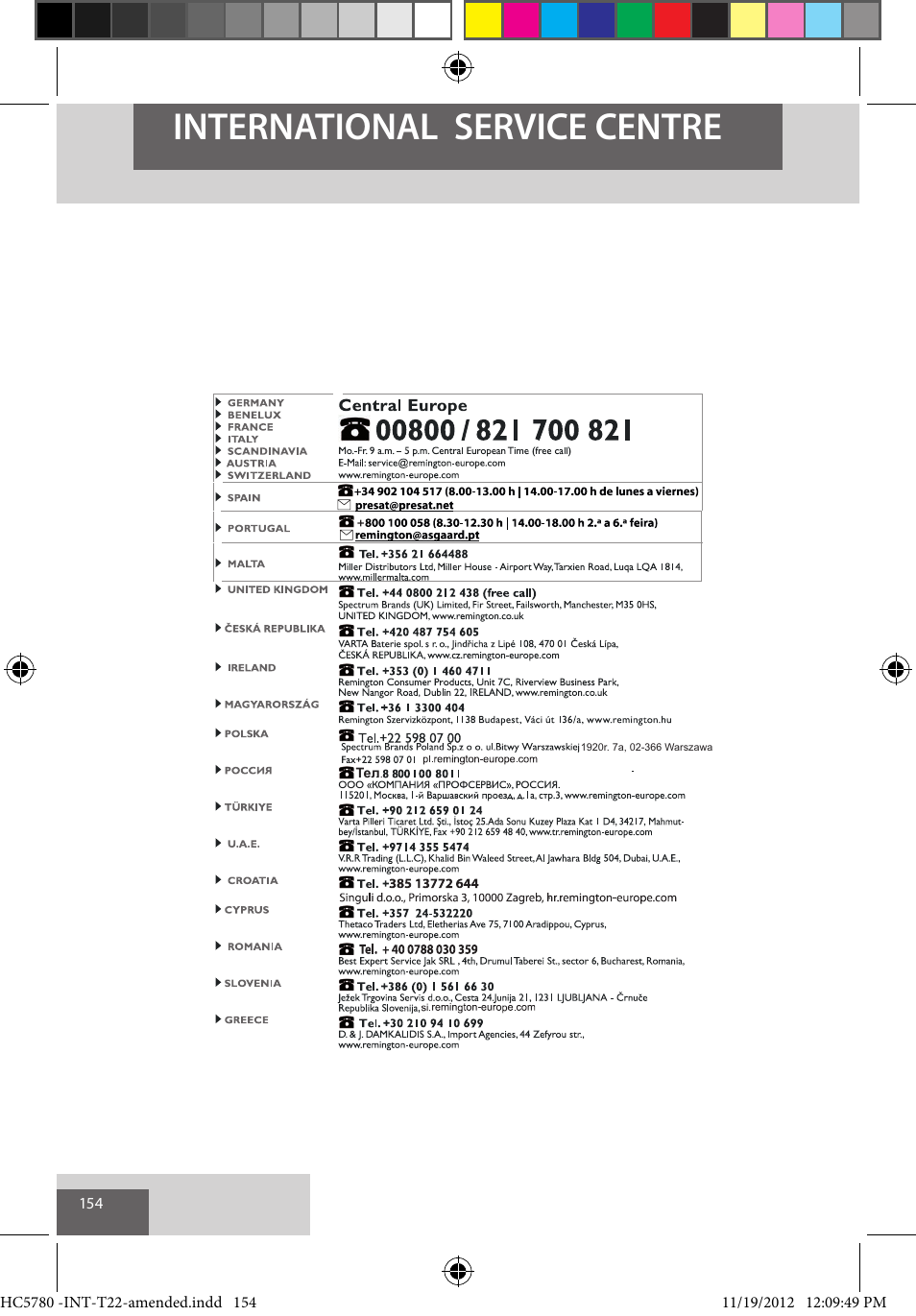 International service centre | Remington HC5780 User Manual | Page 154 / 156