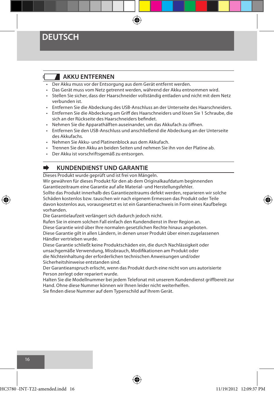 Deutsch, Akku entfernen, Ekundendienst und garantie | Remington HC5780 User Manual | Page 16 / 156