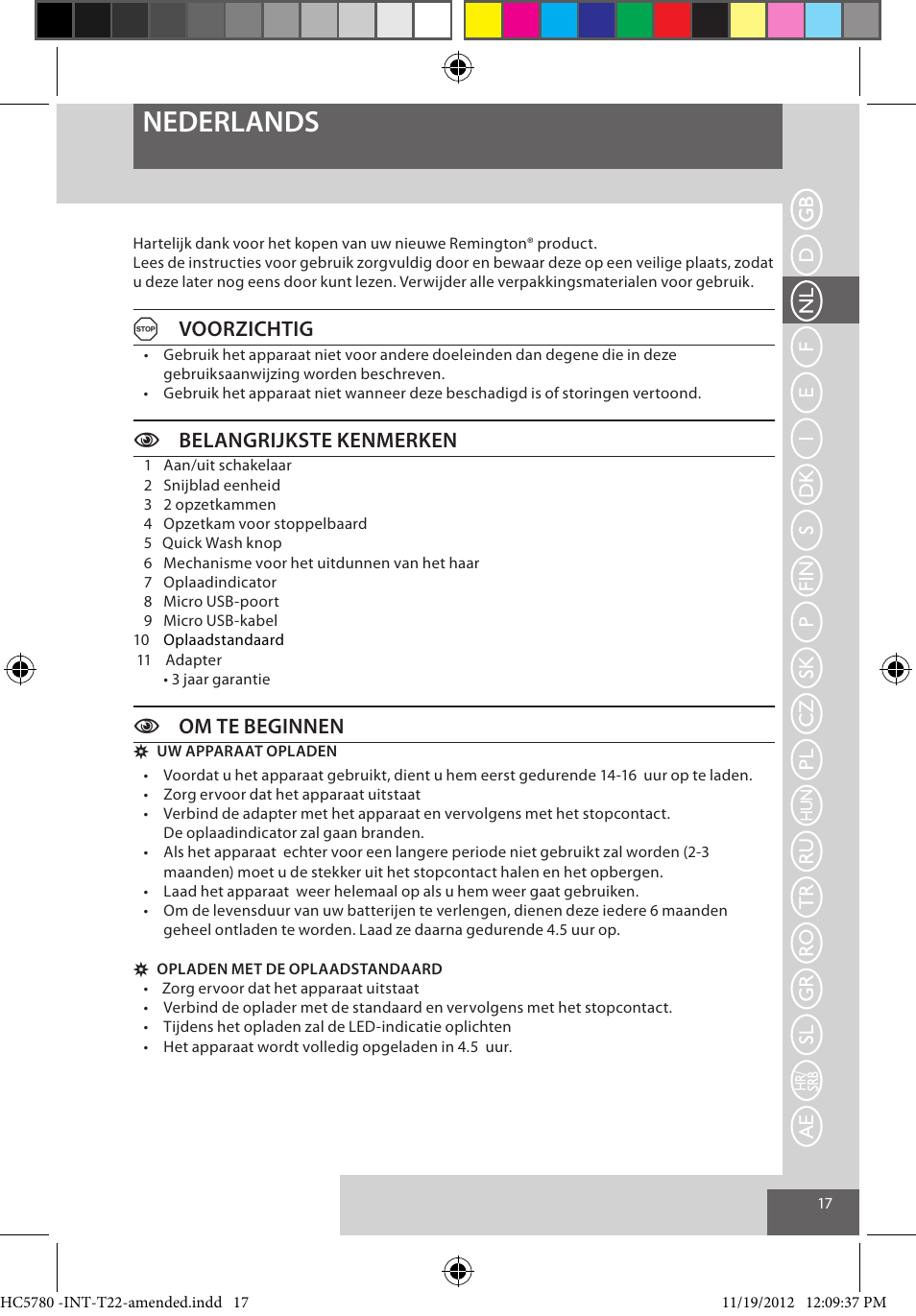 Nederlands, Avoorzichtig, Cbelangrijkste kenmerken | Com te beginnen | Remington HC5780 User Manual | Page 17 / 156