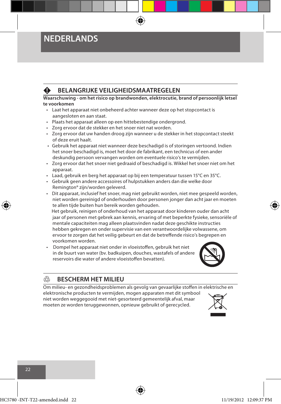 Nederlands, Fbelangrijke veiligheidsmaatregelen, Hbescherm het milieu | Remington HC5780 User Manual | Page 22 / 156