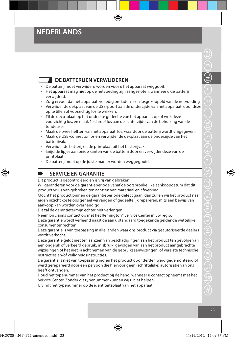 Nederlands, De batterijen verwijderen, Eservice en garantie | Remington HC5780 User Manual | Page 23 / 156