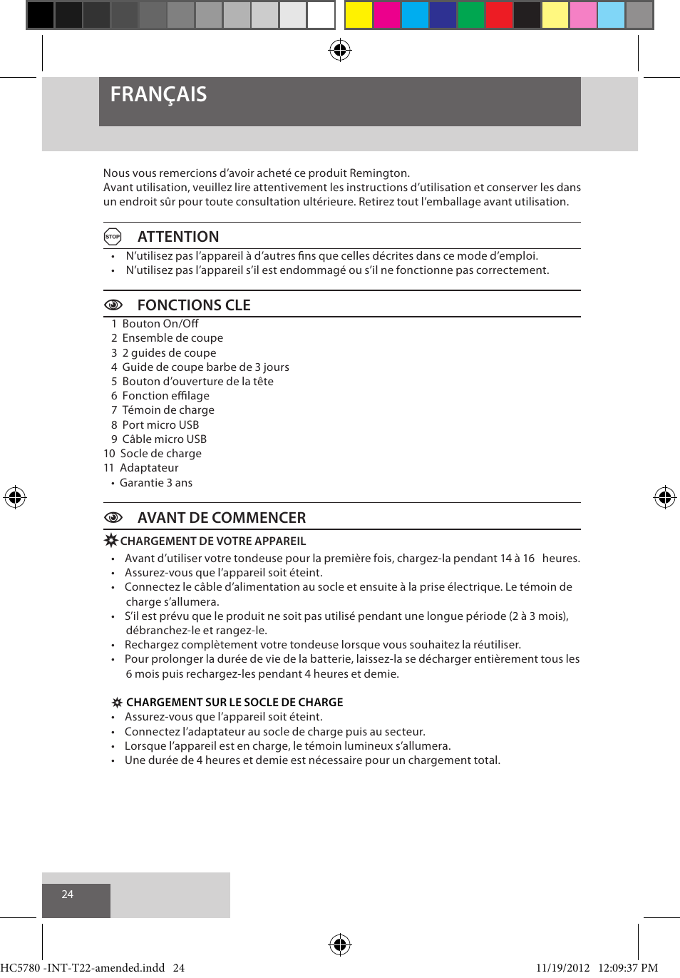 Français, Aattention, Cfonctions cle | Cavant de commencer | Remington HC5780 User Manual | Page 24 / 156