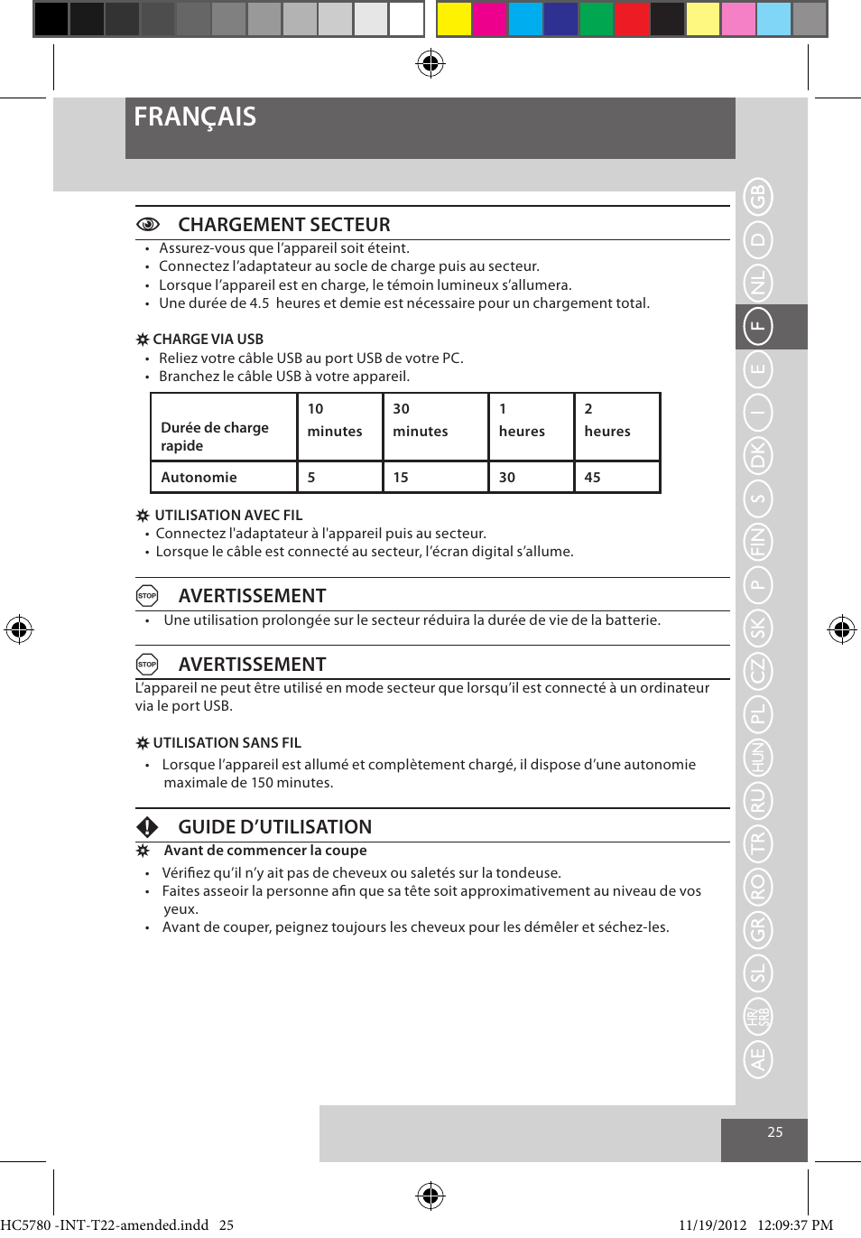 Français, Cchargement secteur, Aavertissement | Fguide d’utilisation | Remington HC5780 User Manual | Page 25 / 156