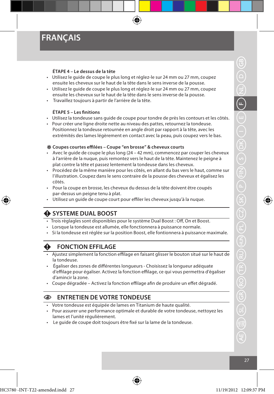 Français, Fsysteme dual boost, Ffonction effilage | Centretien de votre tondeuse | Remington HC5780 User Manual | Page 27 / 156