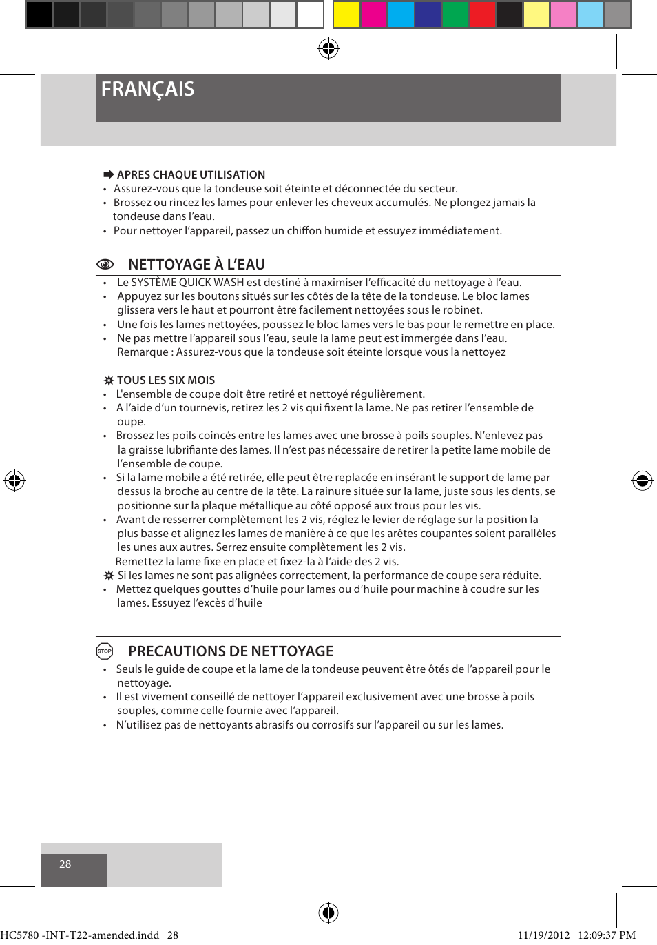 Français, Cnettoyage à l’eau, Aprecautions de nettoyage | Remington HC5780 User Manual | Page 28 / 156