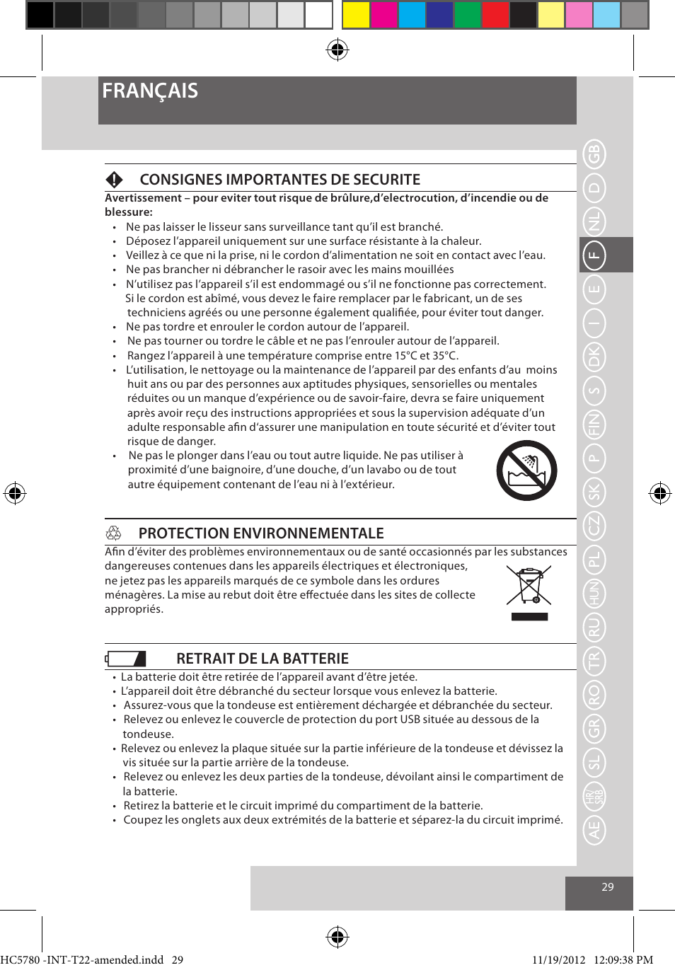 Français, Fconsignes importantes de securite, Hprotection environnementale | Retrait de la batterie | Remington HC5780 User Manual | Page 29 / 156