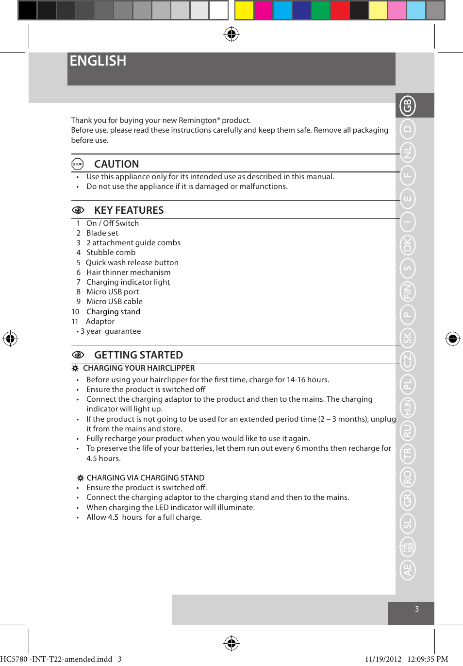 English, Acaution, Ckey features | Cgetting started | Remington HC5780 User Manual | Page 3 / 156