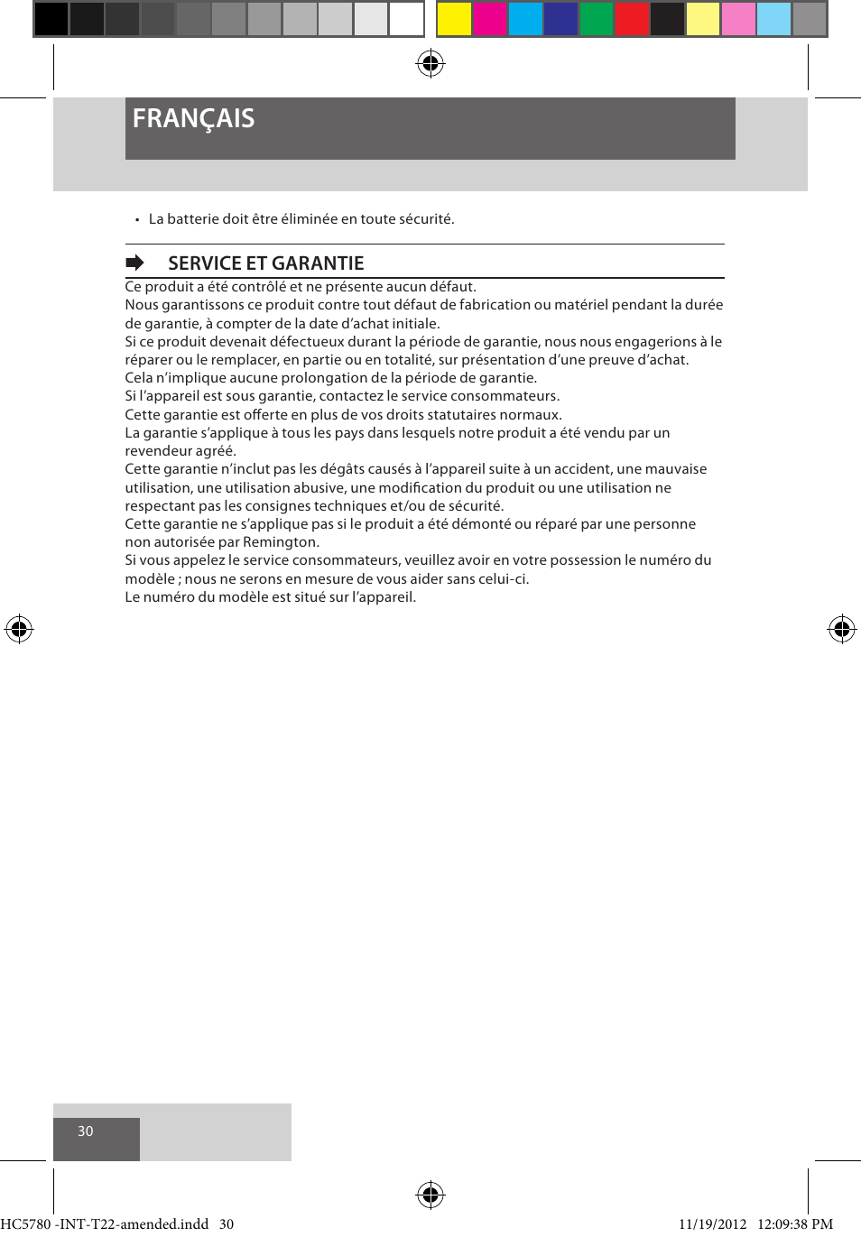 Français, Eservice et garantie | Remington HC5780 User Manual | Page 30 / 156