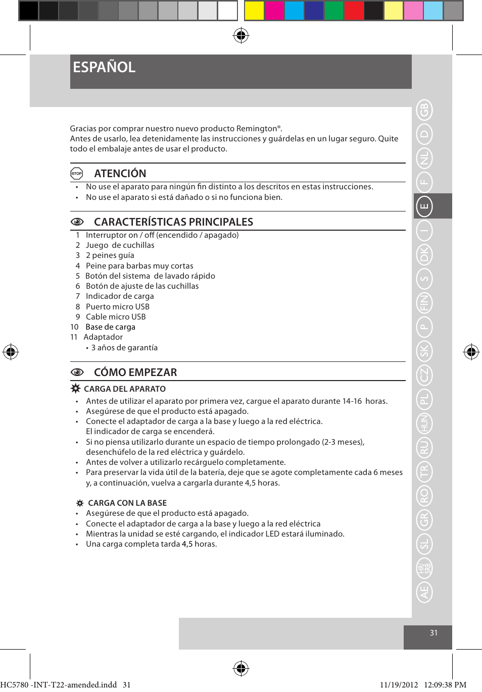 Español, Aatención, Ccaracterísticas principales | Ccómo empezar | Remington HC5780 User Manual | Page 31 / 156