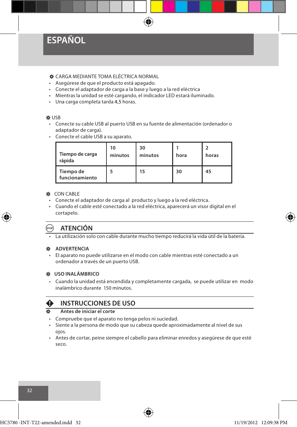 Español, Aatención, Finstrucciones de uso | Remington HC5780 User Manual | Page 32 / 156