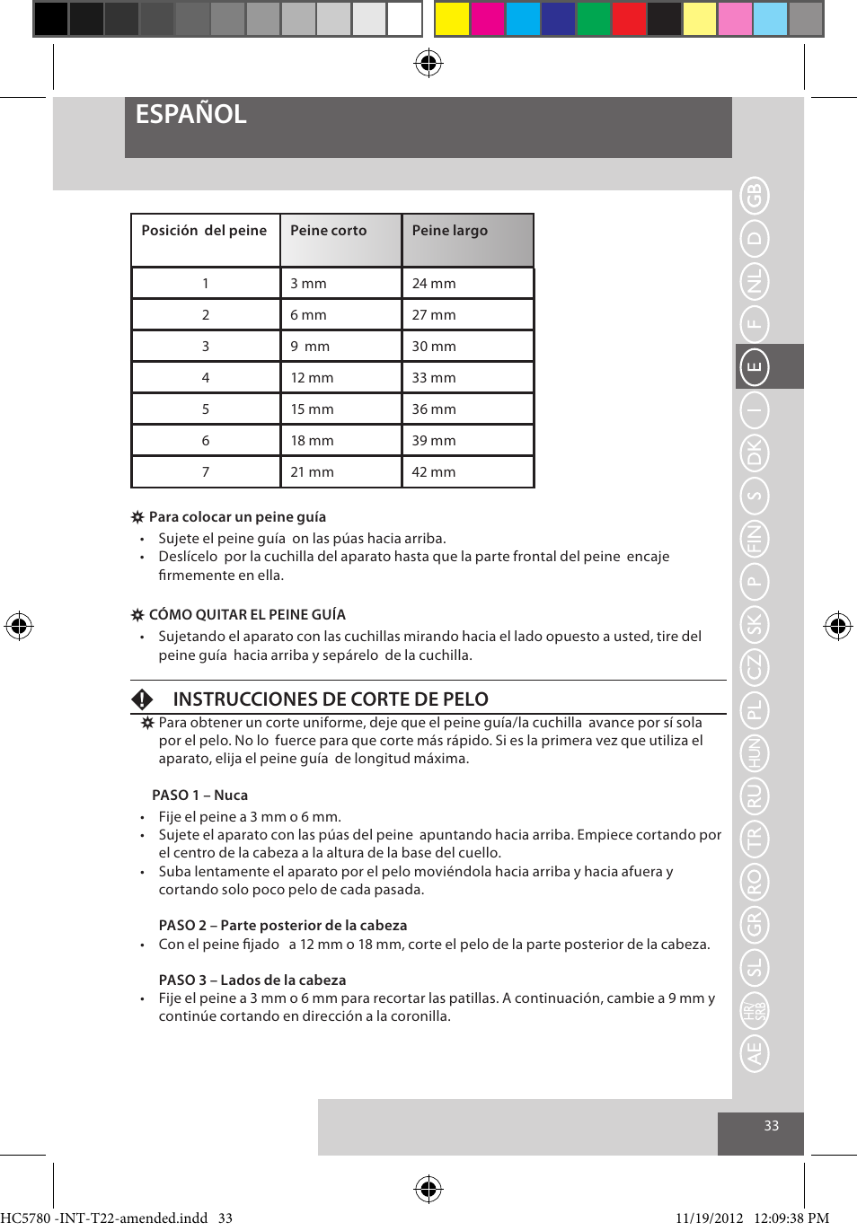 Español, Finstrucciones de corte de pelo | Remington HC5780 User Manual | Page 33 / 156