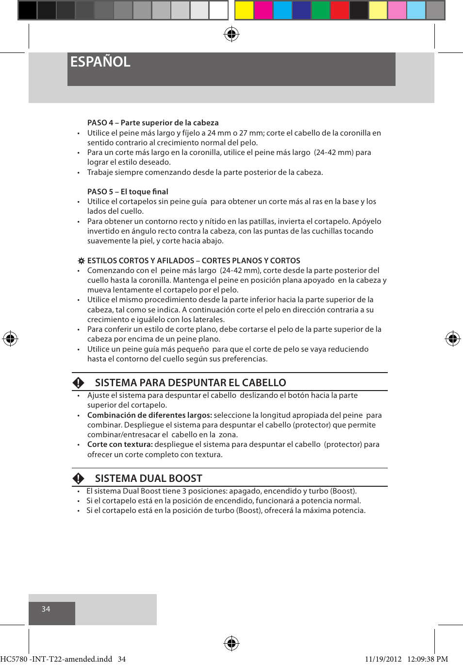 Español, Fsistema para despuntar el cabello, Fsistema dual boost | Remington HC5780 User Manual | Page 34 / 156