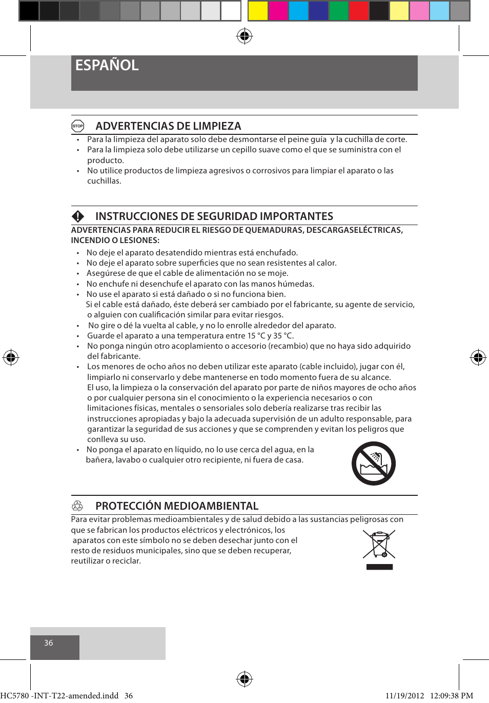 Español, Aadvertencias de limpieza, Finstrucciones de seguridad importantes | Hprotección medioambiental | Remington HC5780 User Manual | Page 36 / 156