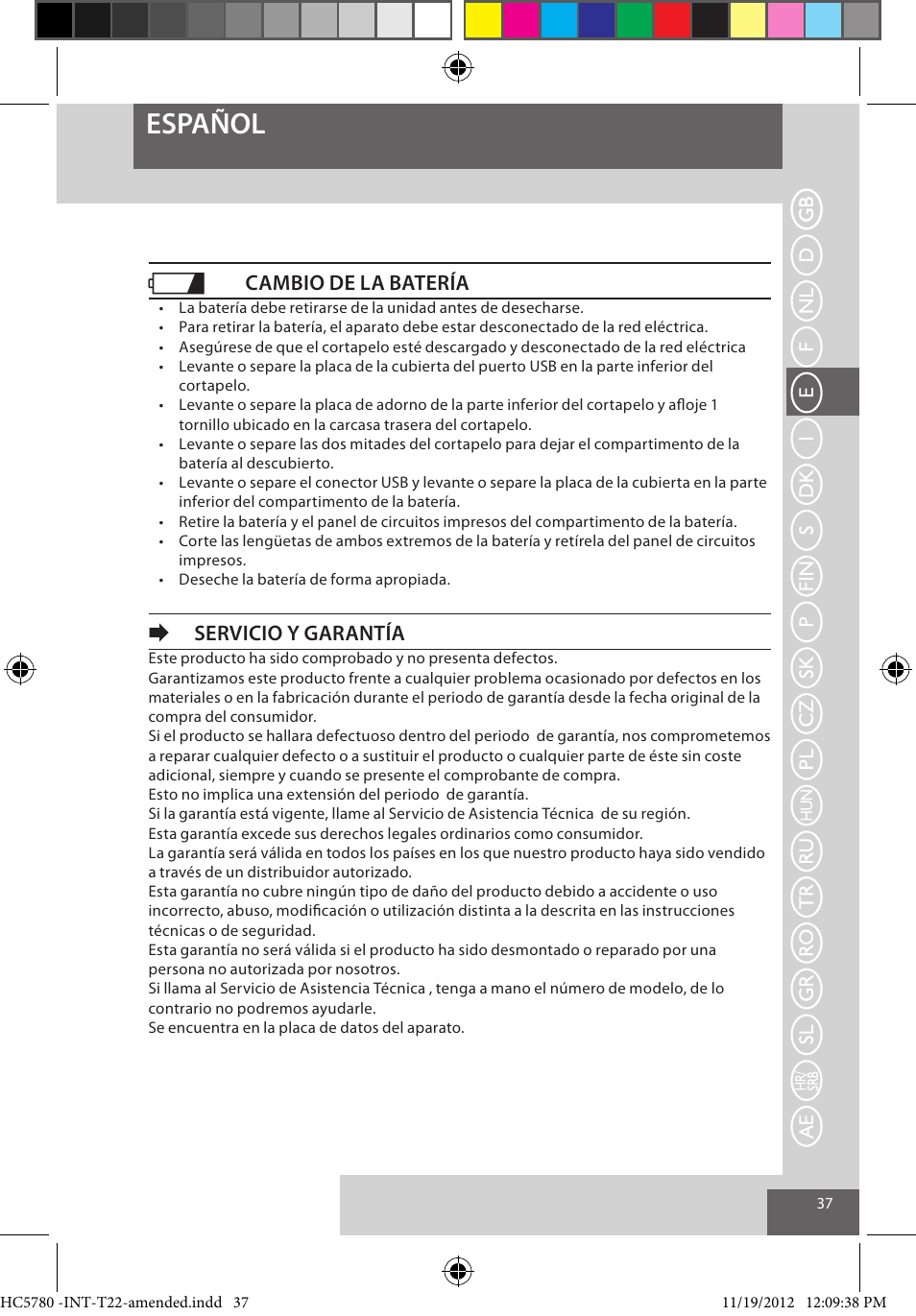 Español, Cambio de la batería, Eservicio y garantía | Remington HC5780 User Manual | Page 37 / 156