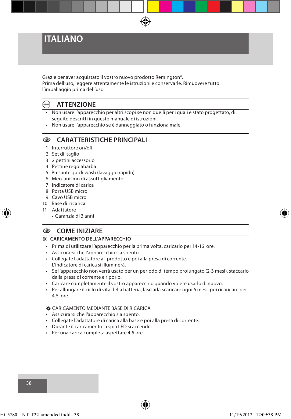 Italiano, Aattenzione, Ccaratteristiche principali | Ccome iniziare | Remington HC5780 User Manual | Page 38 / 156