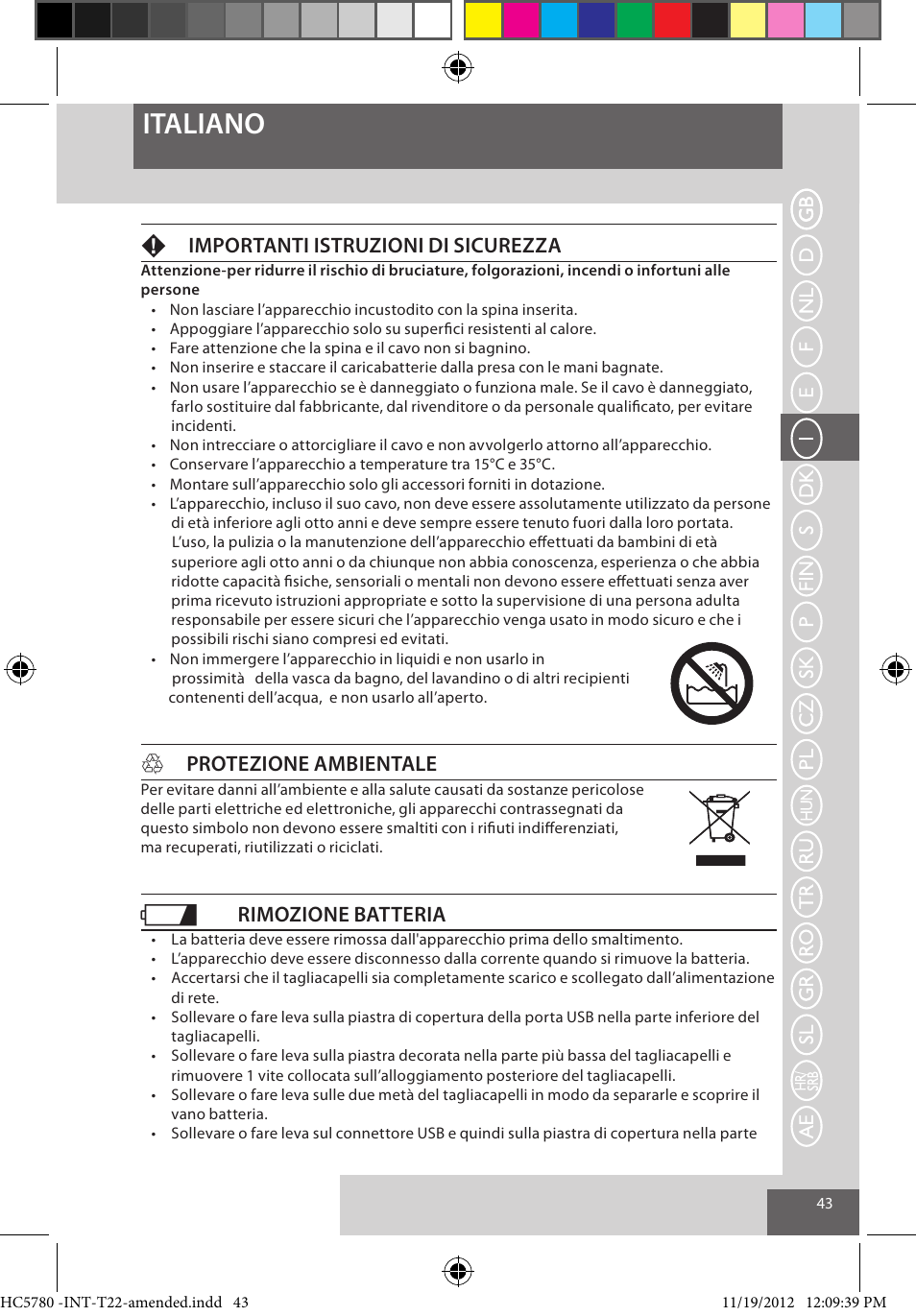 Italiano, Fimportanti istruzioni di sicurezza, Hprotezione ambientale | Rimozione batteria | Remington HC5780 User Manual | Page 43 / 156