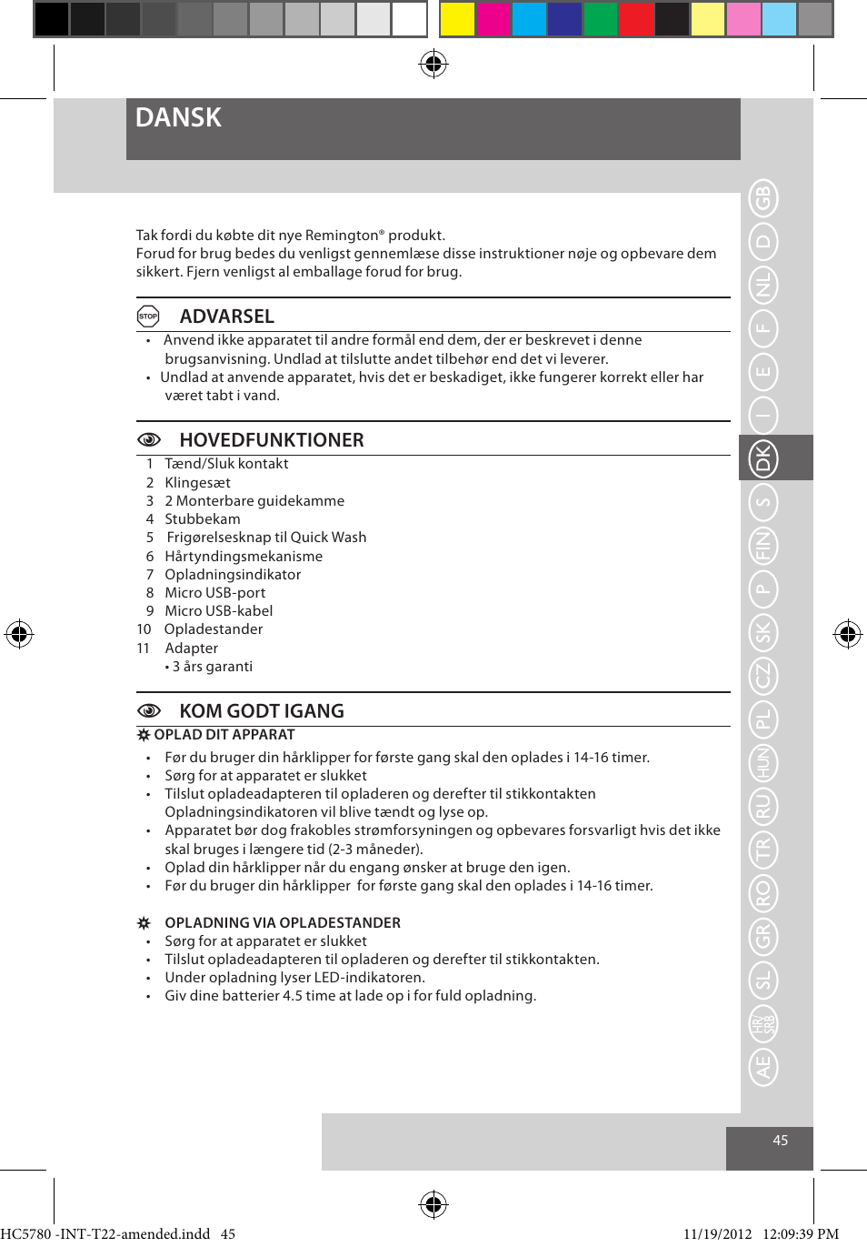 Dansk, Aadvarsel, Chovedfunktioner | Ckom godt igang | Remington HC5780 User Manual | Page 45 / 156