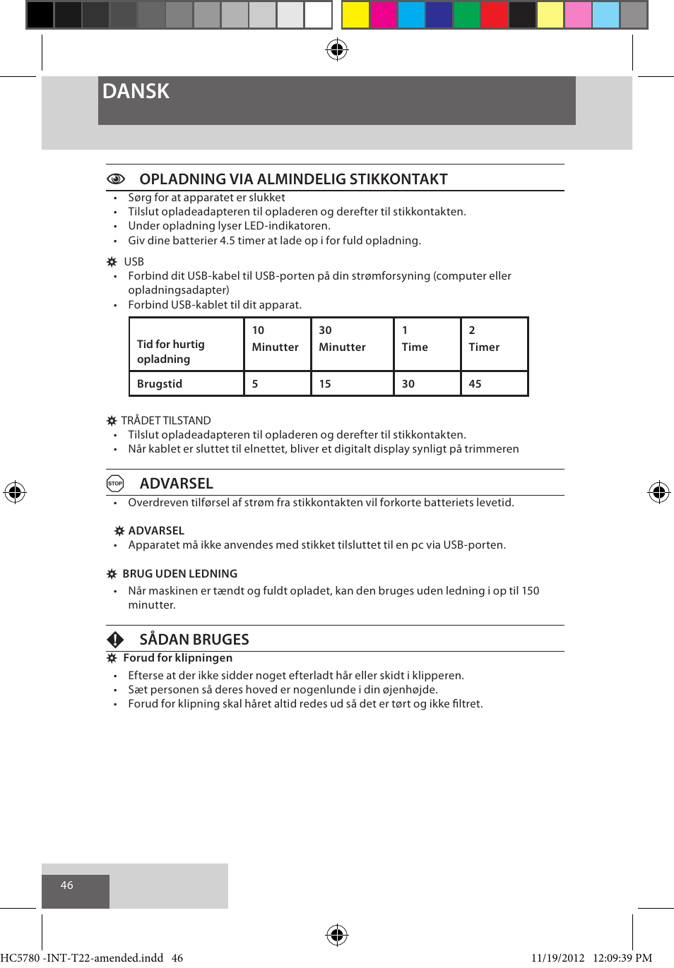 Dansk, Copladning via almindelig stikkontakt, Aadvarsel | Fsådan bruges | Remington HC5780 User Manual | Page 46 / 156