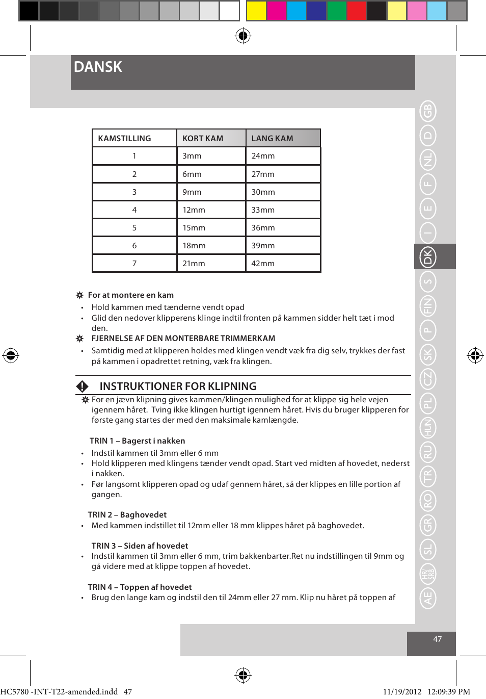 Dansk, Finstruktioner for klipning | Remington HC5780 User Manual | Page 47 / 156