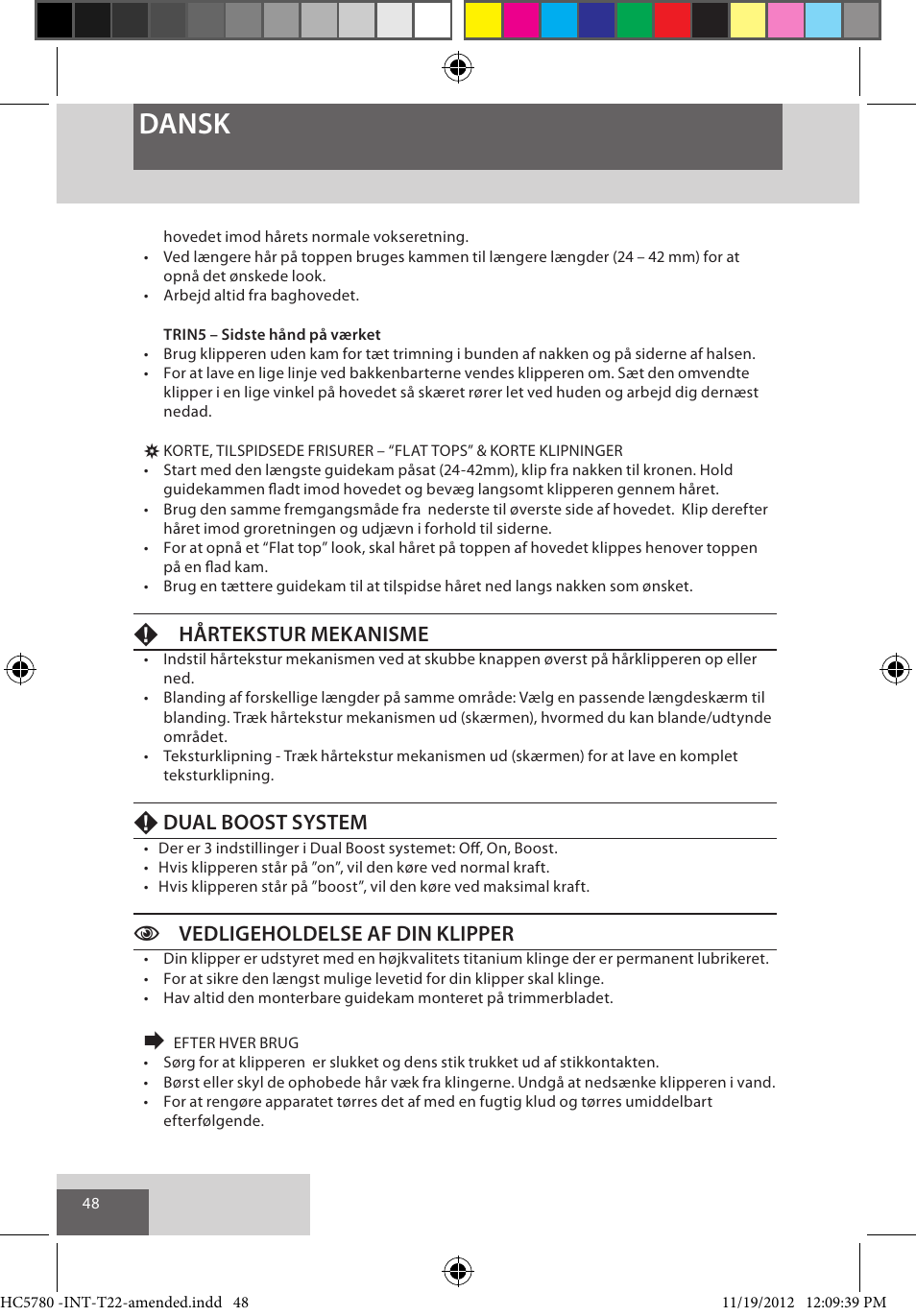 Dansk, Fhårtekstur mekanisme, Fdual boost system | Cvedligeholdelse af din klipper | Remington HC5780 User Manual | Page 48 / 156