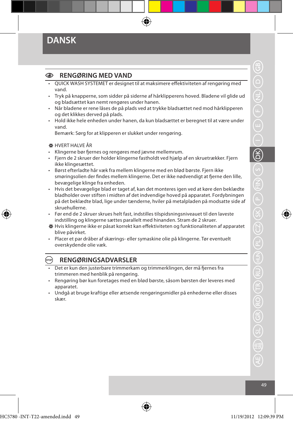 Dansk, Crengøring med vand, Arengøringsadvarsler | Remington HC5780 User Manual | Page 49 / 156