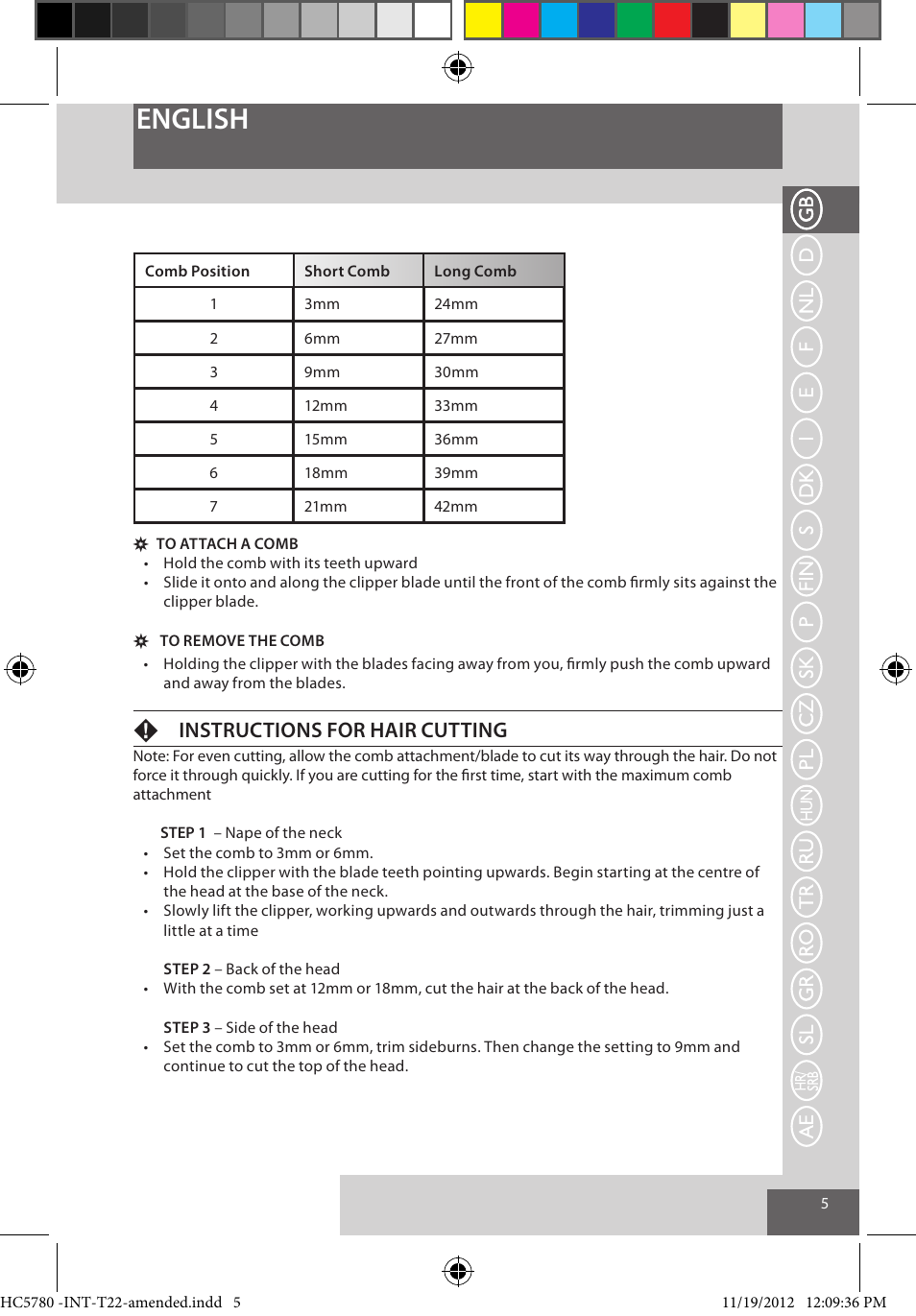 English, Finstructions for hair cutting | Remington HC5780 User Manual | Page 5 / 156