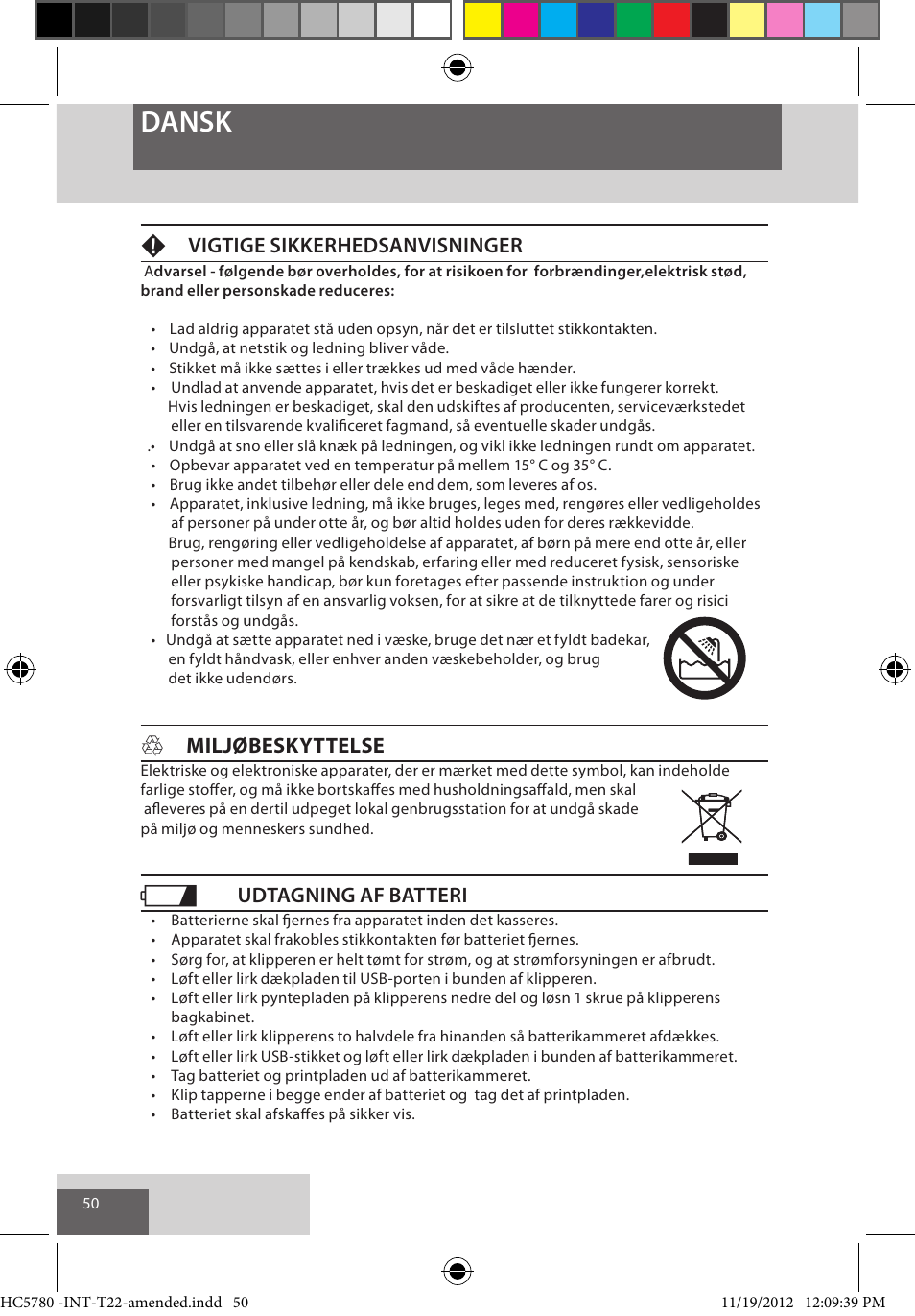 Dansk, Fvigtige sikkerhedsanvisninger, Hmiljøbeskyttelse | Udtagning af batteri | Remington HC5780 User Manual | Page 50 / 156