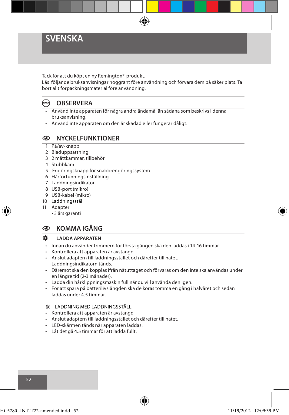 Svenska, Aobservera, Cnyckelfunktioner | Ckomma igång | Remington HC5780 User Manual | Page 52 / 156