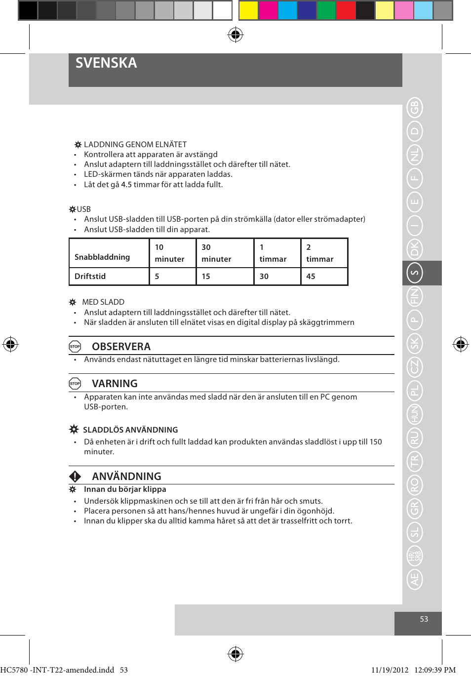 Svenska, Aobservera, Avarning | Fanvändning | Remington HC5780 User Manual | Page 53 / 156