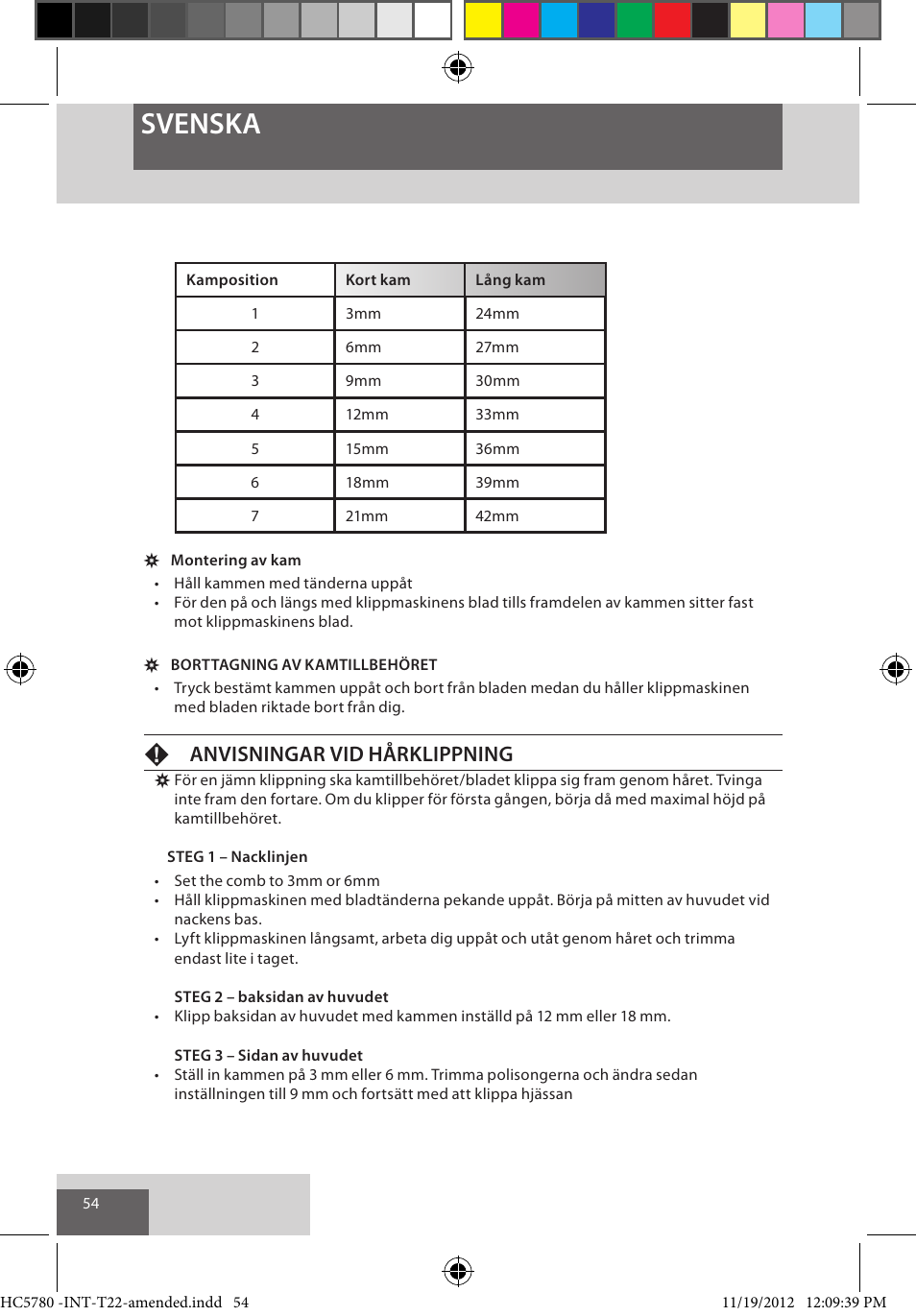 Svenska, Fanvisningar vid hårklippning | Remington HC5780 User Manual | Page 54 / 156