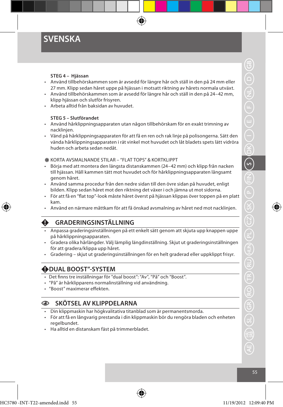 Svenska, Fgraderingsinställning, Fdual boost”-system | Cskötsel av klippdelarna | Remington HC5780 User Manual | Page 55 / 156