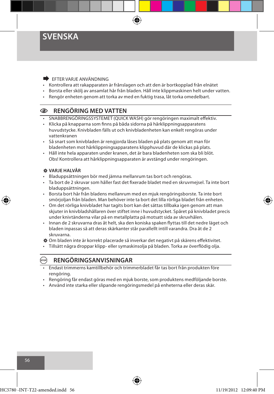 Svenska, Crengöring med vatten, Arengöringsanvisningar | Remington HC5780 User Manual | Page 56 / 156