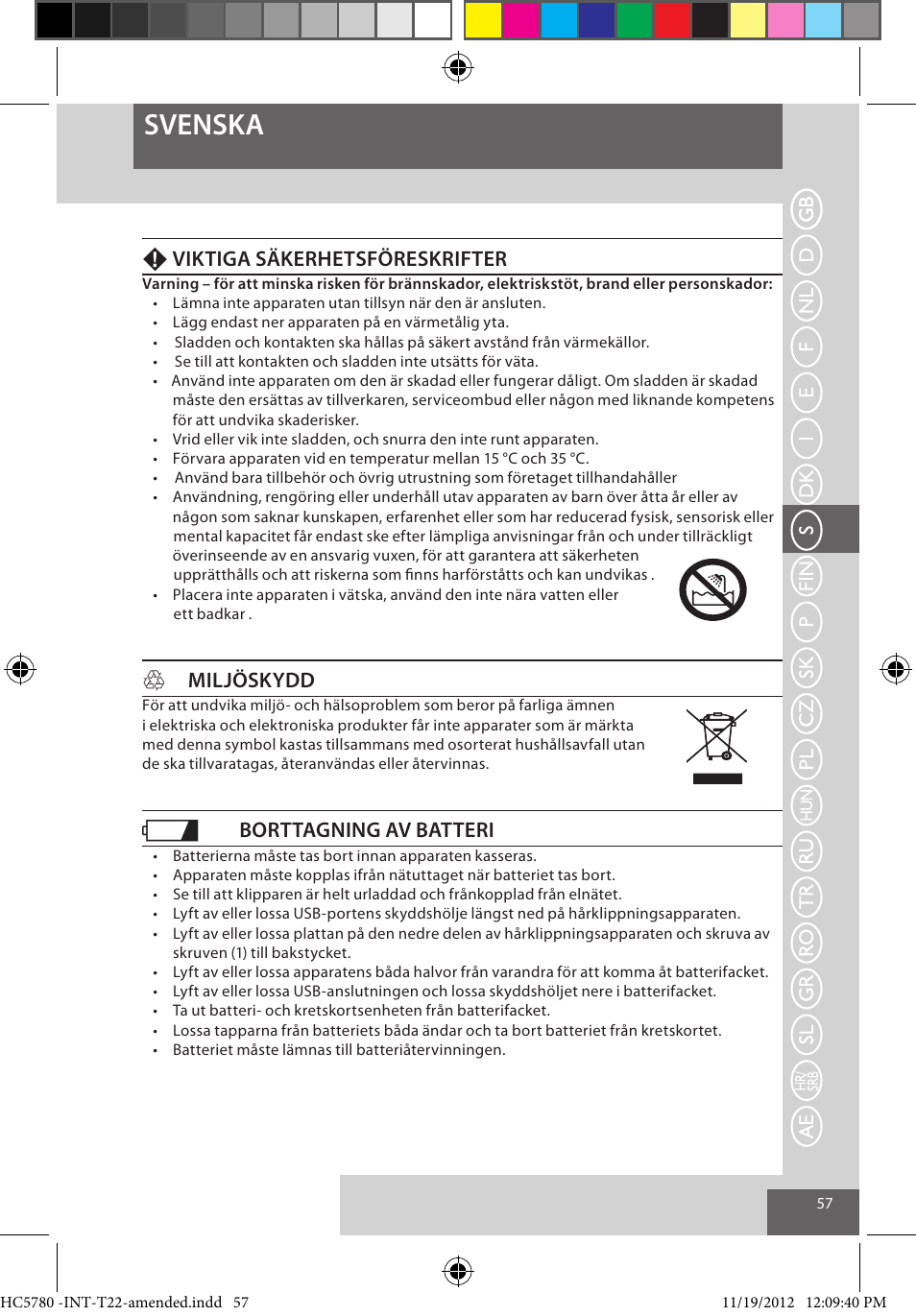 Svenska, Fviktiga säkerhetsföreskrifter, Hmiljöskydd | Borttagning av batteri | Remington HC5780 User Manual | Page 57 / 156