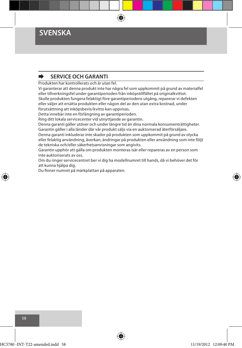 Svenska, Eservice och garanti | Remington HC5780 User Manual | Page 58 / 156