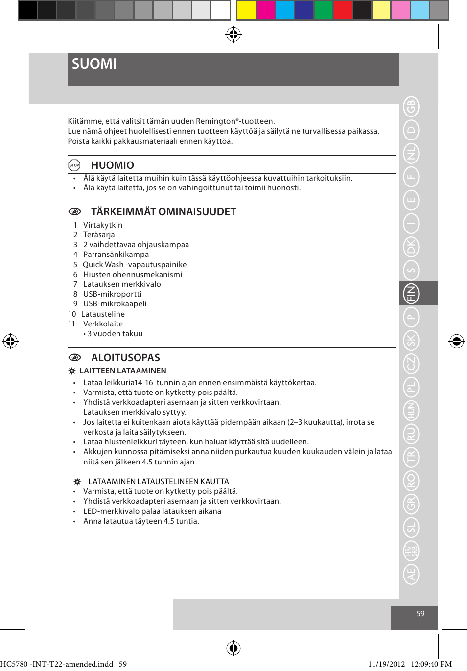 Suomi, Ahuomio, Ctärkeimmät ominaisuudet | Caloitusopas | Remington HC5780 User Manual | Page 59 / 156