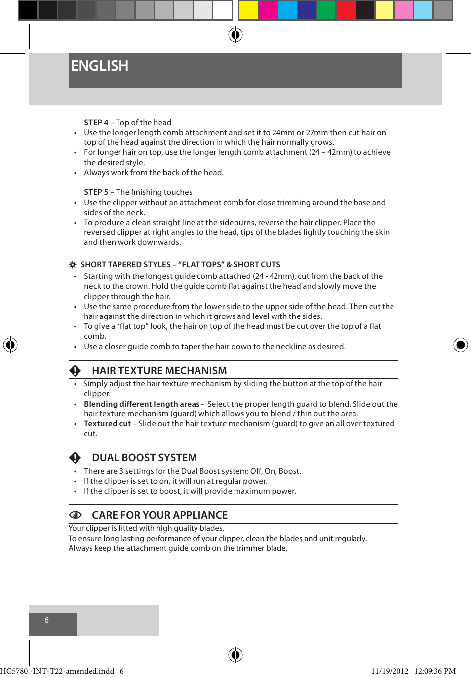 English, Fhair texture mechanism, Fdual boost system | Ccare for your appliance | Remington HC5780 User Manual | Page 6 / 156