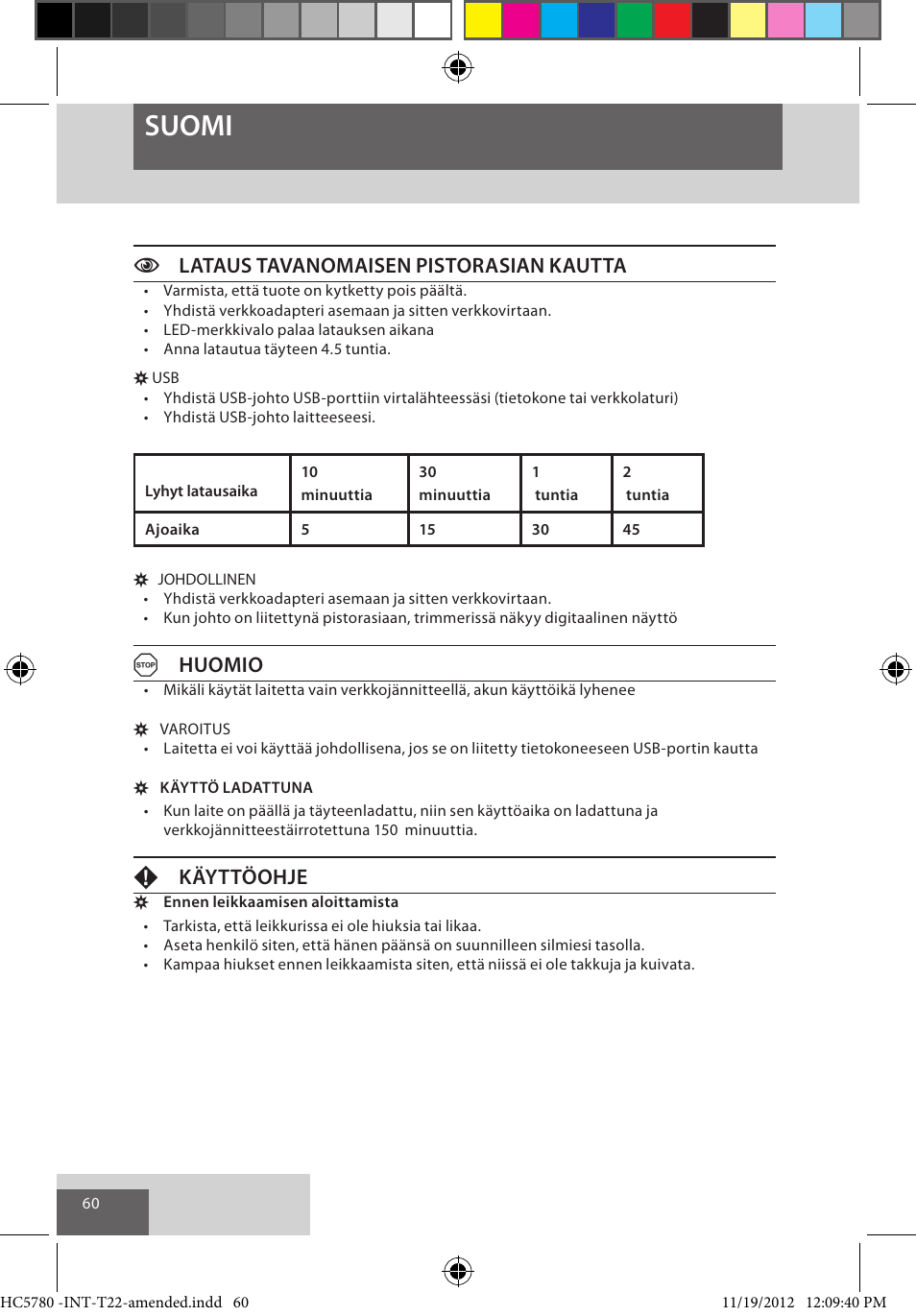 Suomi, Clataus tavanomaisen pistorasian kautta, Ahuomio | Fkäyttöohje | Remington HC5780 User Manual | Page 60 / 156