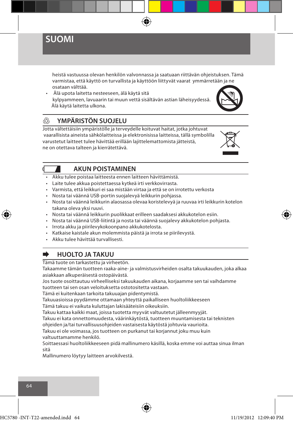 Suomi, Hympäristön suojelu, Akun poistaminen | Ehuolto ja takuu | Remington HC5780 User Manual | Page 64 / 156