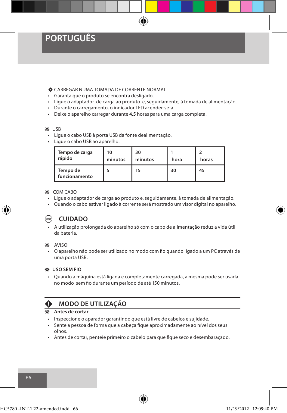 Português, Acuidado, Fmodo de utilização | Remington HC5780 User Manual | Page 66 / 156