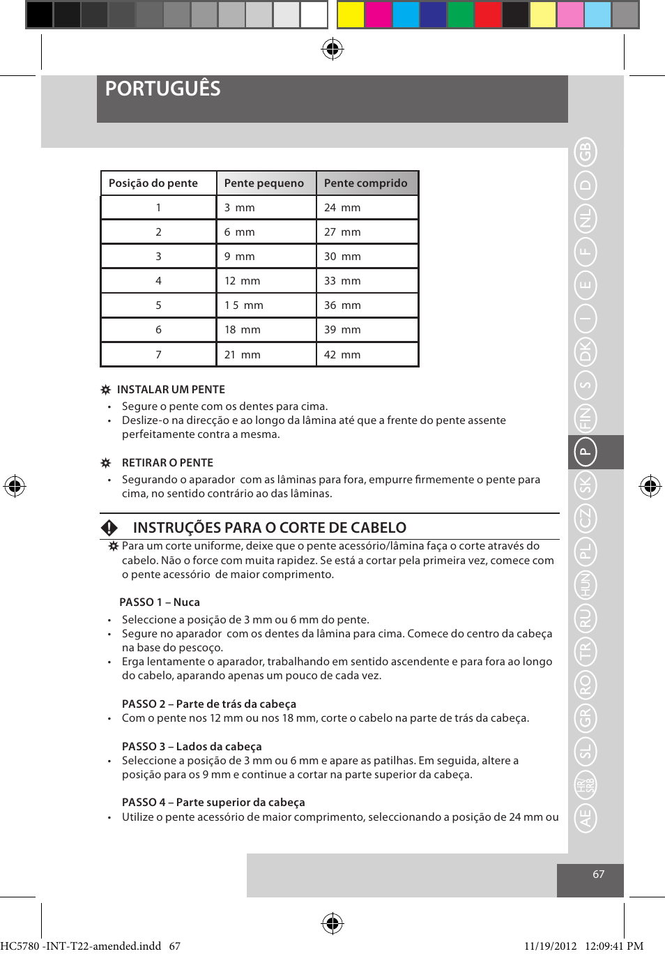 Português, Finstruções para o corte de cabelo | Remington HC5780 User Manual | Page 67 / 156