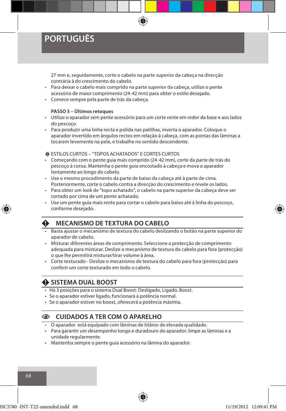 Português, Fmecanismo de textura do cabelo, Fsistema dual boost | Ccuidados a ter com o aparelho | Remington HC5780 User Manual | Page 68 / 156