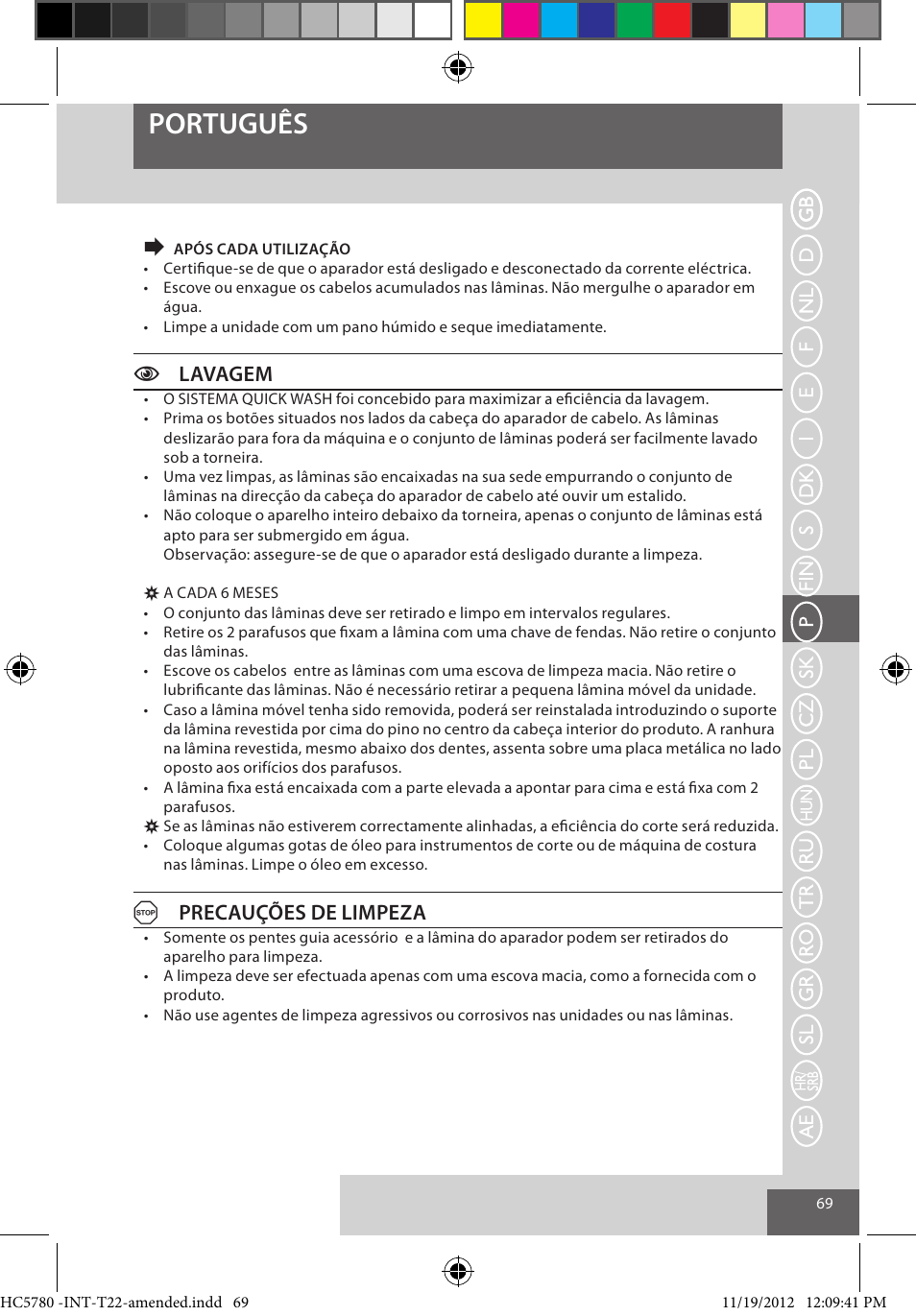 Português, Clavagem, Aprecauções de limpeza | Remington HC5780 User Manual | Page 69 / 156