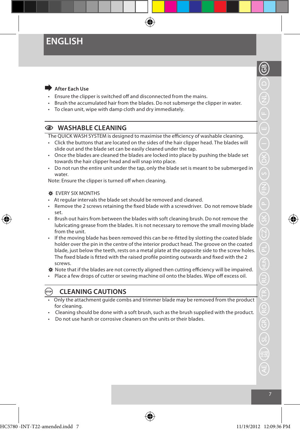 English, Cwashable cleaning, Acleaning cautions | Remington HC5780 User Manual | Page 7 / 156