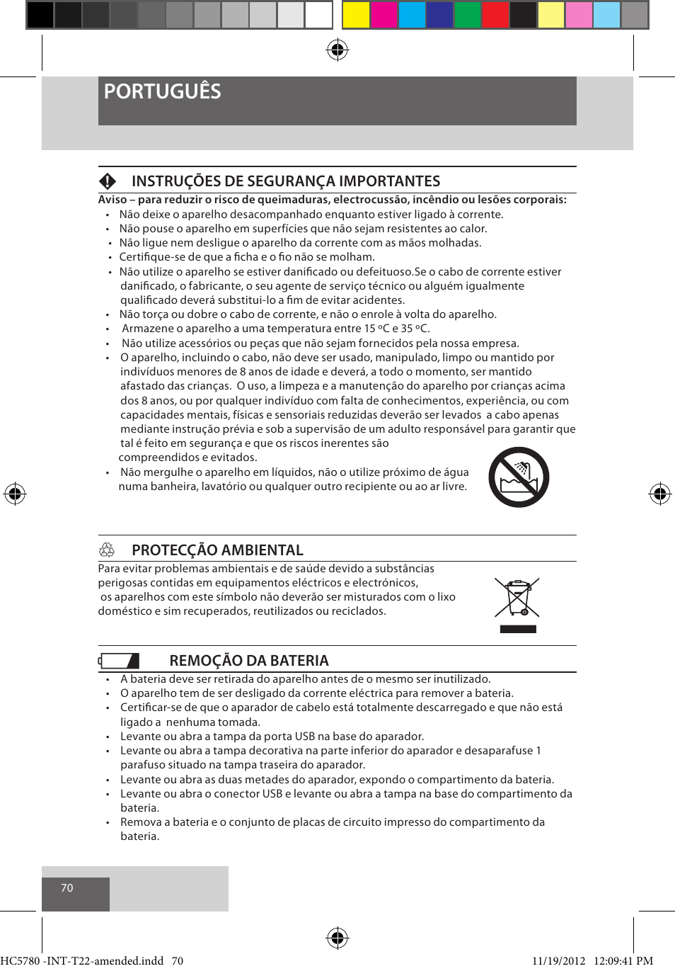 Português, Finstruções de segurança importantes, Hprotecção ambiental | Remoção da bateria | Remington HC5780 User Manual | Page 70 / 156