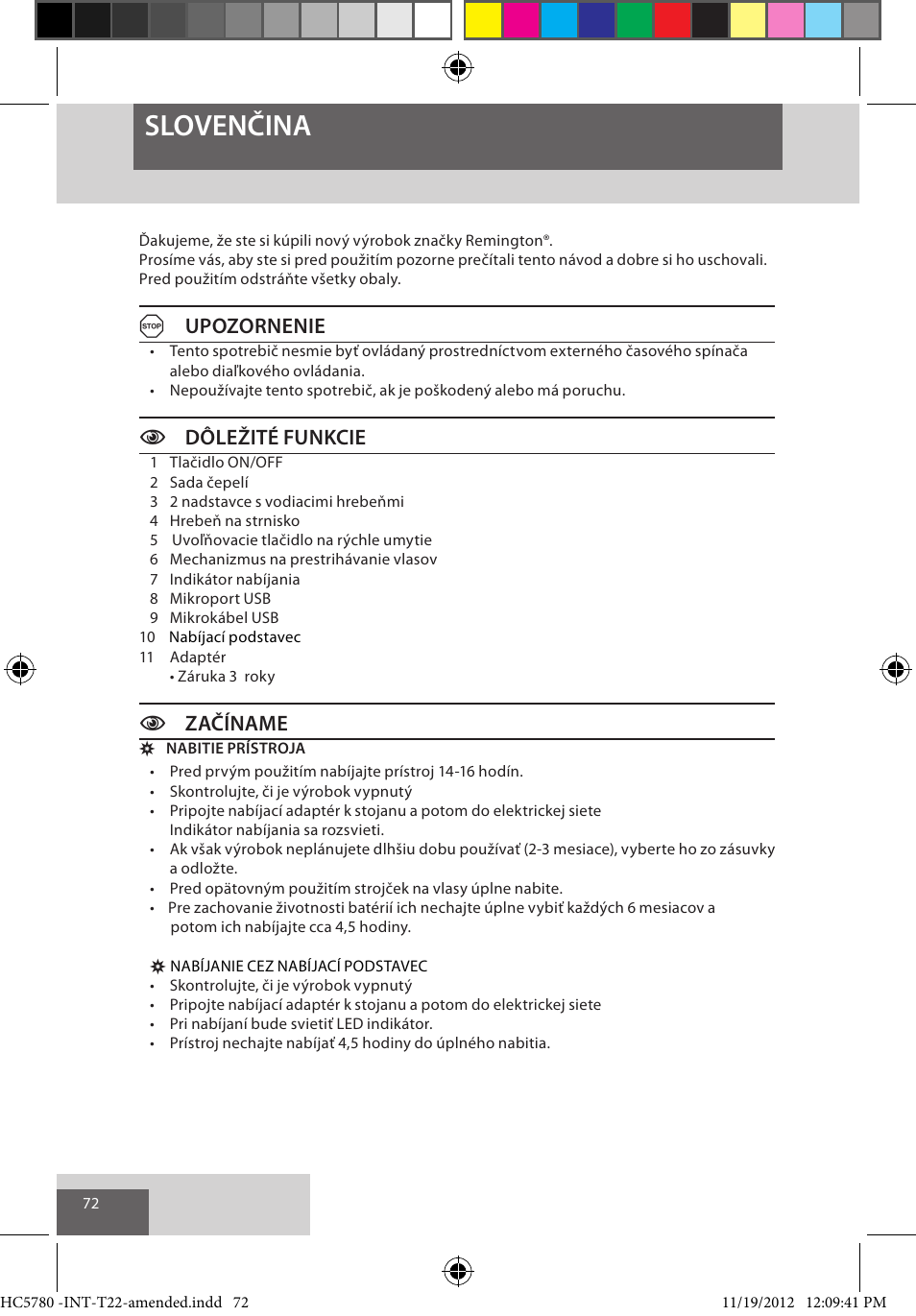 Slovenčina, Aupozornenie, Cdôležité funkcie | Czačíname | Remington HC5780 User Manual | Page 72 / 156