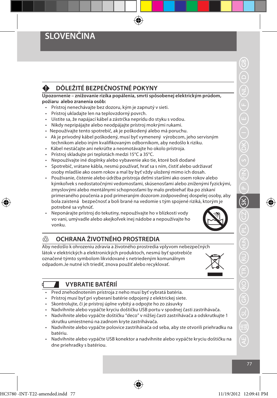 Slovenčina, Fdôležité bezpečnostné pokyny, Hochrana životného prostredia | Vybratie batérií | Remington HC5780 User Manual | Page 77 / 156