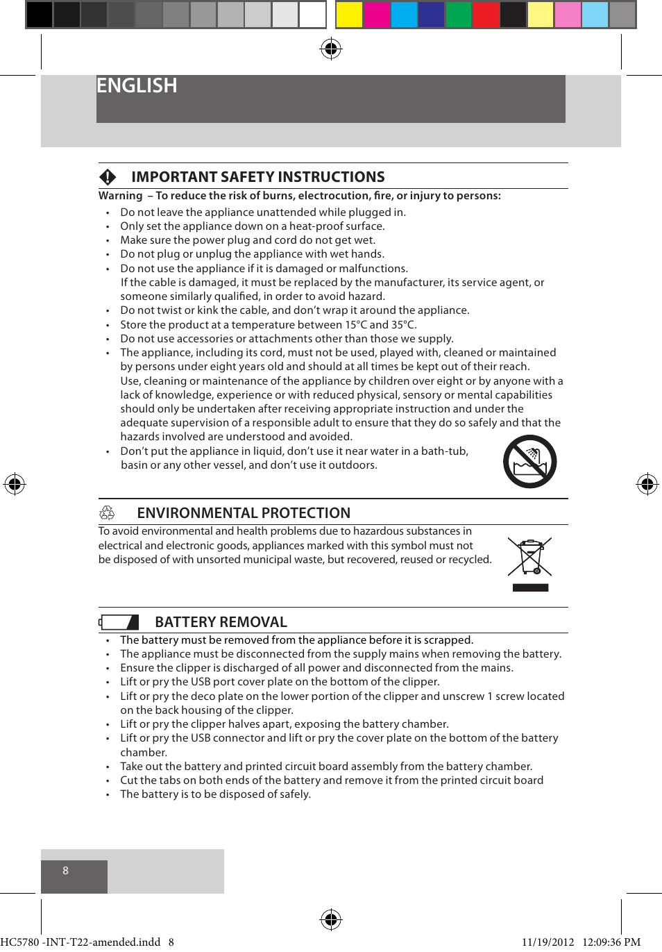 English, Fimportant safety instructions, Henvironmental protection | Battery removal | Remington HC5780 User Manual | Page 8 / 156